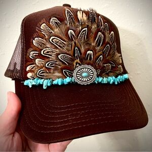 Brown Feather and Turquoise Embellished Cap